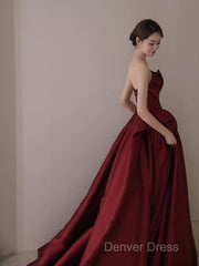Ball Gown Strapless Burgundy Satin Prom Dresses Evening Dresses