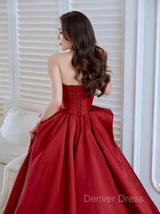 Ball Gown Strapless Burgundy Satin Prom Dresses Evening Dresses