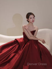 Ball Gown Strapless Burgundy Satin Prom Dresses Evening Dresses