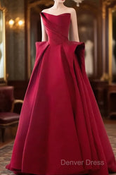 Ball Gown Strapless Burgundy Satin Prom Dresses Evening Dresses