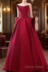 Ball Gown Strapless Burgundy Satin Prom Dresses Evening Dresses