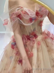 Ball Gown Strapless Champagne Floral Prom Dress Long Party Dresses