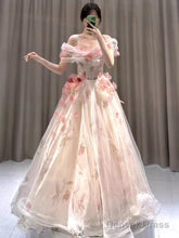 Ball Gown Strapless Champagne Floral Prom Dress Long Party Dresses