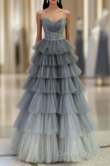 Ball Gown Strapless Tulle Long Gray Prom Dresses Evening Dresses
