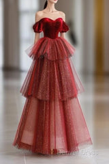 Ball Gown Strapless Tulle Long Red Prom Dresses Evening Dresses