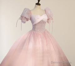 Ball-Gown Tulle Pink Sweetheart Floor-Length Graduation Birthday Party Dress with Sequined
