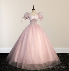 Ball-Gown Tulle Pink Sweetheart Floor-Length Graduation Birthday Party Dress with Sequined