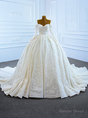 Ball Gown Tulle Sequins Long Sleeve Off the Shoulder Wedding Dress