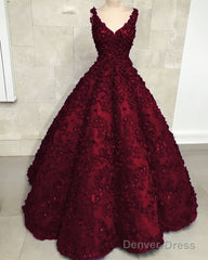 Ball Gown V Neck 3D Lace Dress