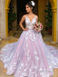 Ball Gowns V Neck Chapel Train Lace Wedding Dresses With Appliques Lace