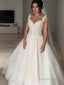 Ball Gowns V Neck Court Train Tulle Wedding Dresses With Appliques Lace