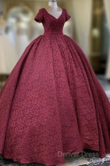 Ball Gown V Neck Lace Dresses With Sleeves