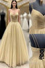 Ball Gowns V Neck Sleeveless Long Floor Length Tulle Prom Dresses With Pleated Sequins