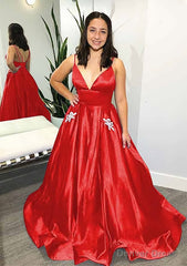 Ball Gown V Neck Spaghetti Straps Sweep Train Satin Prom Dresses With Pockets Beading