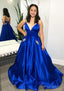 Ball Gowns V Neck Spaghetti Straps Sweep Train Satin Prom Dresses With Pockets Beading