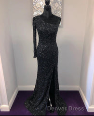 One Shoulder Long Sleeve Mermaid Sequin Long Dresses