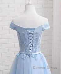 Sky Blue A Line Lace Off Shoulder Prom Dresses, Lace Evening Dresses