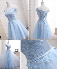 Sky Blue A Line Lace Off Shoulder Prom Dresses, Lace Evening Dresses