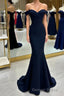 Long Navy Prom Dresses Mermaid Off The Shoulder Sweetheart Sleeveless