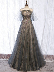 Be Crowned Prom Queen In Short Sleeves Halter Gray Tulle Sparkle Sequin Backless Prom Dress