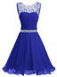 Beaded Chiffon Round Neckline Short Prom Dress, Blue Chiffon Homecoming Dresses