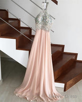 Beaded Halter Open Back Long Chiffon Prom Dresses