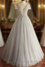 Beaded Lace Appliques Tulle V-Neck Gray A-Line Wedding Dresses