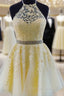 Beaded Lace Tulle A Line Halter Mini Homecoming Dresses