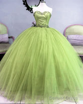 Beaded Strapless Sage Tulle Ball Gown Dress