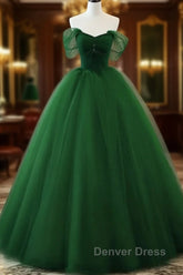 Beaded Tulle Off Shoulder Long Party Dresses Tulle A-Line Prom Dresses Ball Gown Quinceanera Dresses