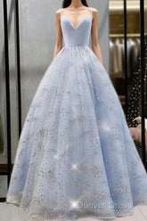 Beaded Tulle Prom Dresses Ball Gown Plunge Neck
