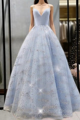 Beaded Tulle Prom Dresses Ball Gown Plunge Neck