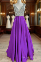 Beaded V Neck Long Satin Violet Prom Dresses