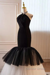 Beading Mermaid Black And White Halter Tulle Prom Dresses