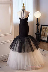 Beading Mermaid Black And White Halter Tulle Prom Dresses