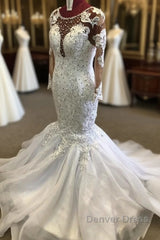 Beading Mermaid Sheer Tulle Wedding Dresses Appliques Long Sleeves Bridal Dresses