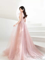 Bean Pink Tulle Long Prom Dress, A Line Tulle Formal Evening Dress