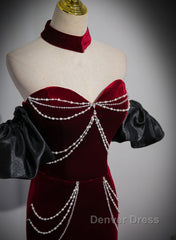 Beauiful Wine Red Off Shoulder Mermaid Long Prom Dresses, Wine Red Party Dresses