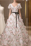 Beauitufl Floral V Neck Lace Short Sleeve Flowers Long Prom Dress Floral Prom Dress shops
