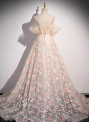 Beautiful A-Line Off Shoulder Flowers Lace Formal Dress, Long Prom Dress