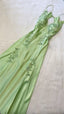Beautiful A Line Spaghetti Straps Green Long Prom Dresses Backless Satin Prom Gown
