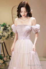Beautiful A-Line Tulle Long Prom Dress, A-Line Short Sleeve Evening Party Dress