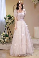 Beautiful A-Line Tulle Long Prom Dress, A-Line Short Sleeve Evening Party Dress