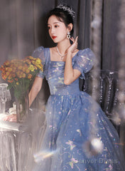 Beautiful A-Line Tulle Short Sleeves Formal Dress, Lovely Tulle Long Formal Dress Prom Dress