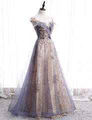 Beautiful A-Line Tulle With Lace Applique Party Dresses, Tulle Long Prom Dresses