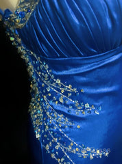 Beautiful Backless Beaded Satin Sheath Royal Blue Long Prom Dresses Formal Evening Gown