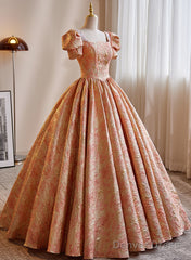 Beautiful Ball Gown Short Sleeves Long Party Dress, Long Sweet 16 Dress