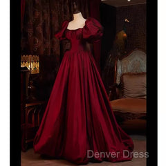 Beautiful Ball Gown Square Neckline Satin Long Red Prom Dresses