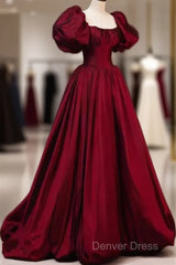 Beautiful Ball Gown Square Neckline Satin Long Red Prom Dresses