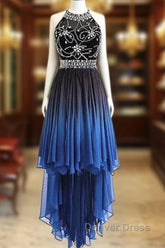 Beautiful Beaded High Low Chiffon Gradient Party Dresses, Blue Homecoming Dresses